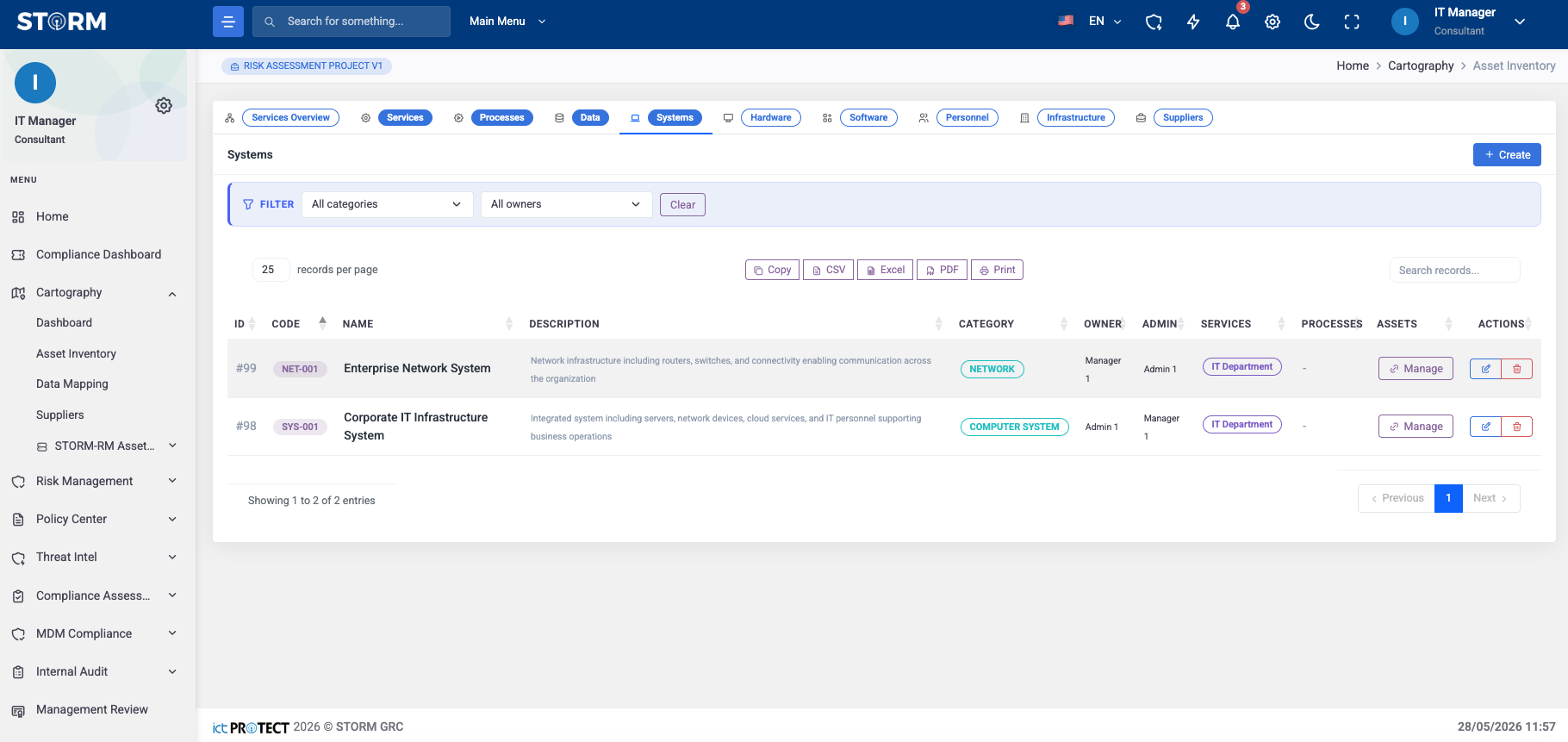 STORM Asset Model interface showing the asset inventory and dependencies